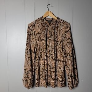 Lauren Ralph Lauren Brown and Tan Paisley Smocked Yoke Blouse